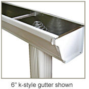 6 inch K style gutter top diagonal profile view with strainer in place